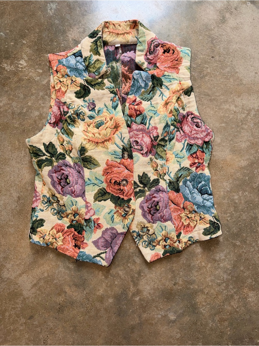 Vintage Floral Tapestry Vest Cottagecore Button Front Waistcoat Boho L (M Fit)